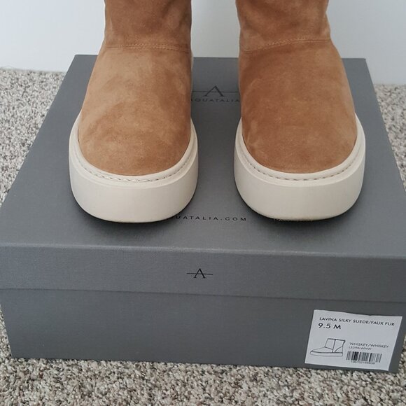 $495 Aquatalia Lavina Suede Weatherproof Ankle Platform Boot Faux Fur Beige 9.5 - Picture 6 of 12